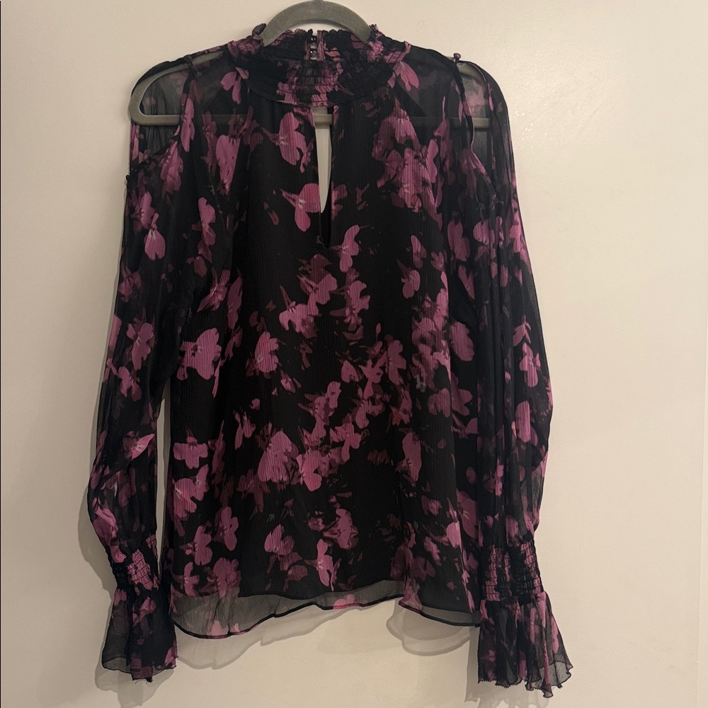 Parker Black and Fuchsia Floral Blouse with open sleeves detail.